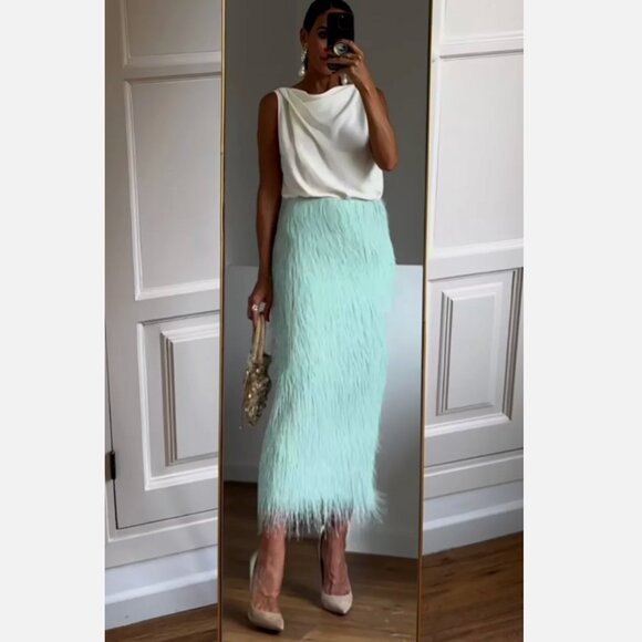Zara Fringed Midi Skirt pencil straight Sea Green M NWT - Picture 2 of 9